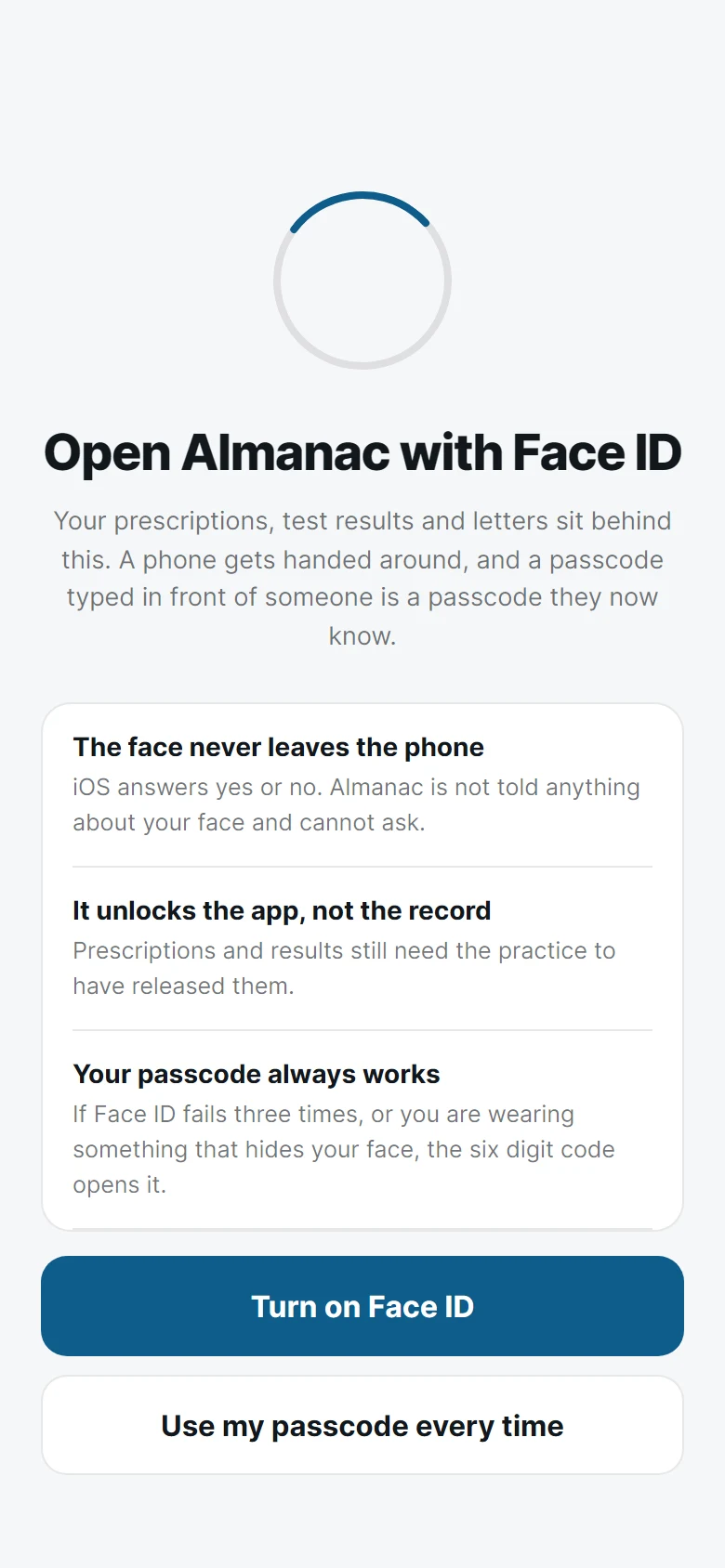 Almanac Face ID Enrolment preview