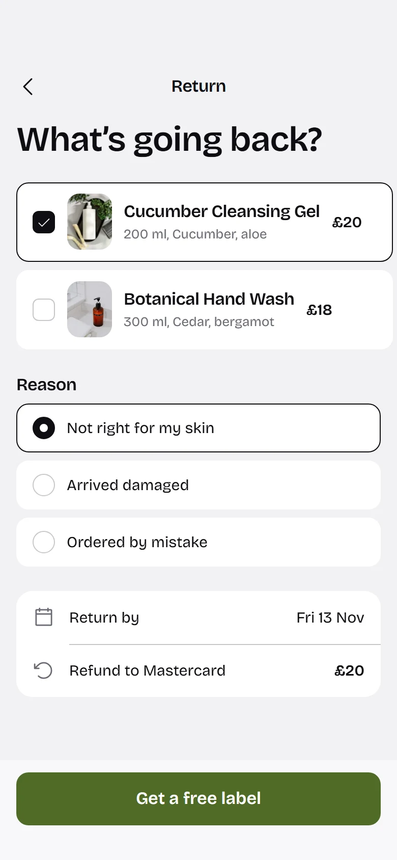 Bare Store Start a Return preview