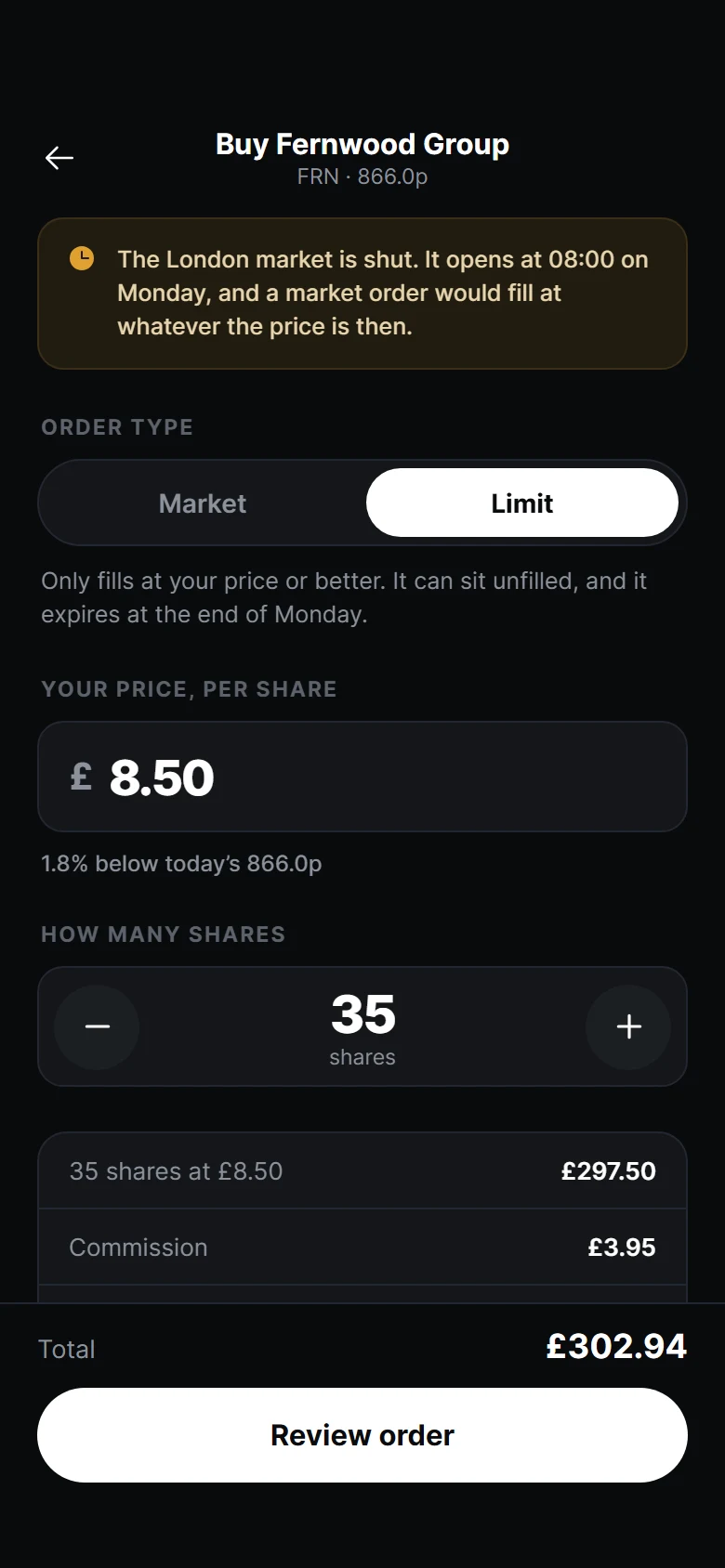 Vista previa de Bourse Order Ticket
