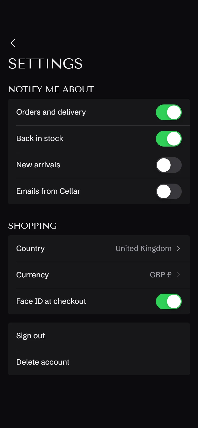 Cellar Store Settings preview