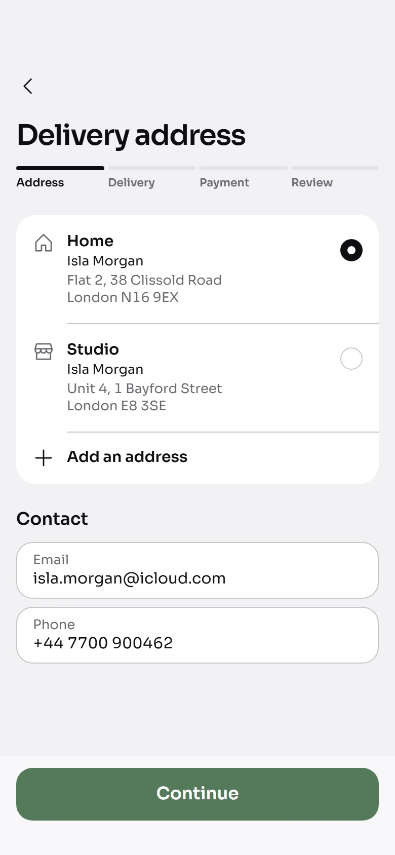 Flow Store Delivery Address preview
