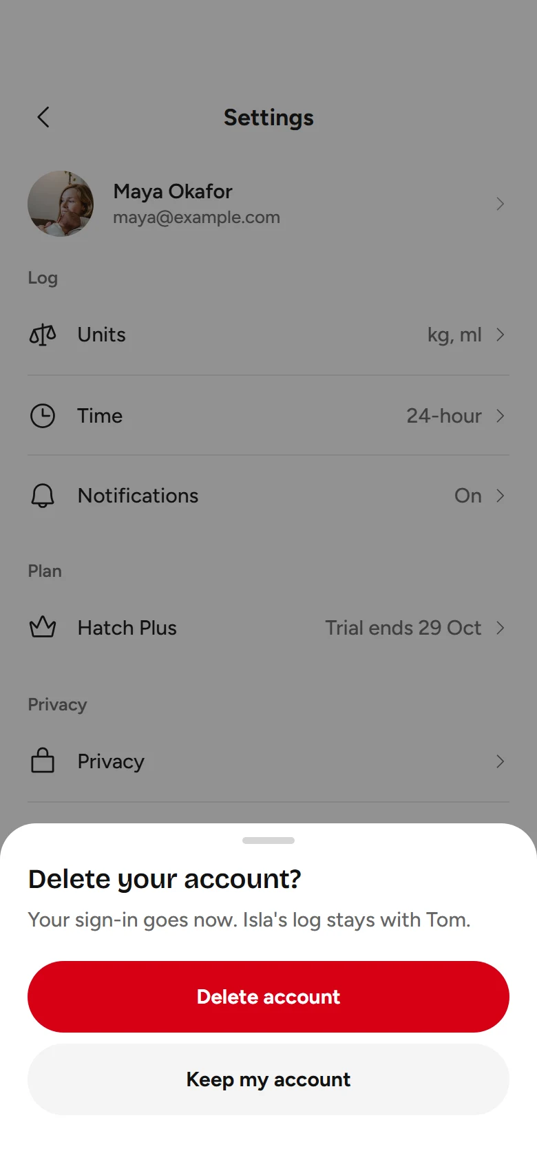 Hatch Delete Account preview