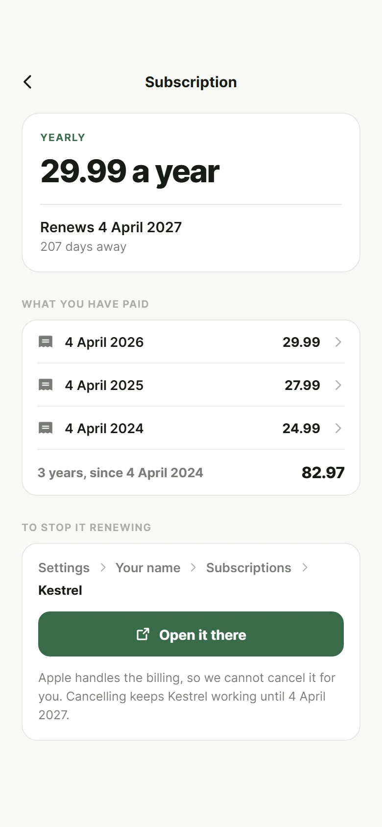 Kestrel Manage Subscription önizlemesi