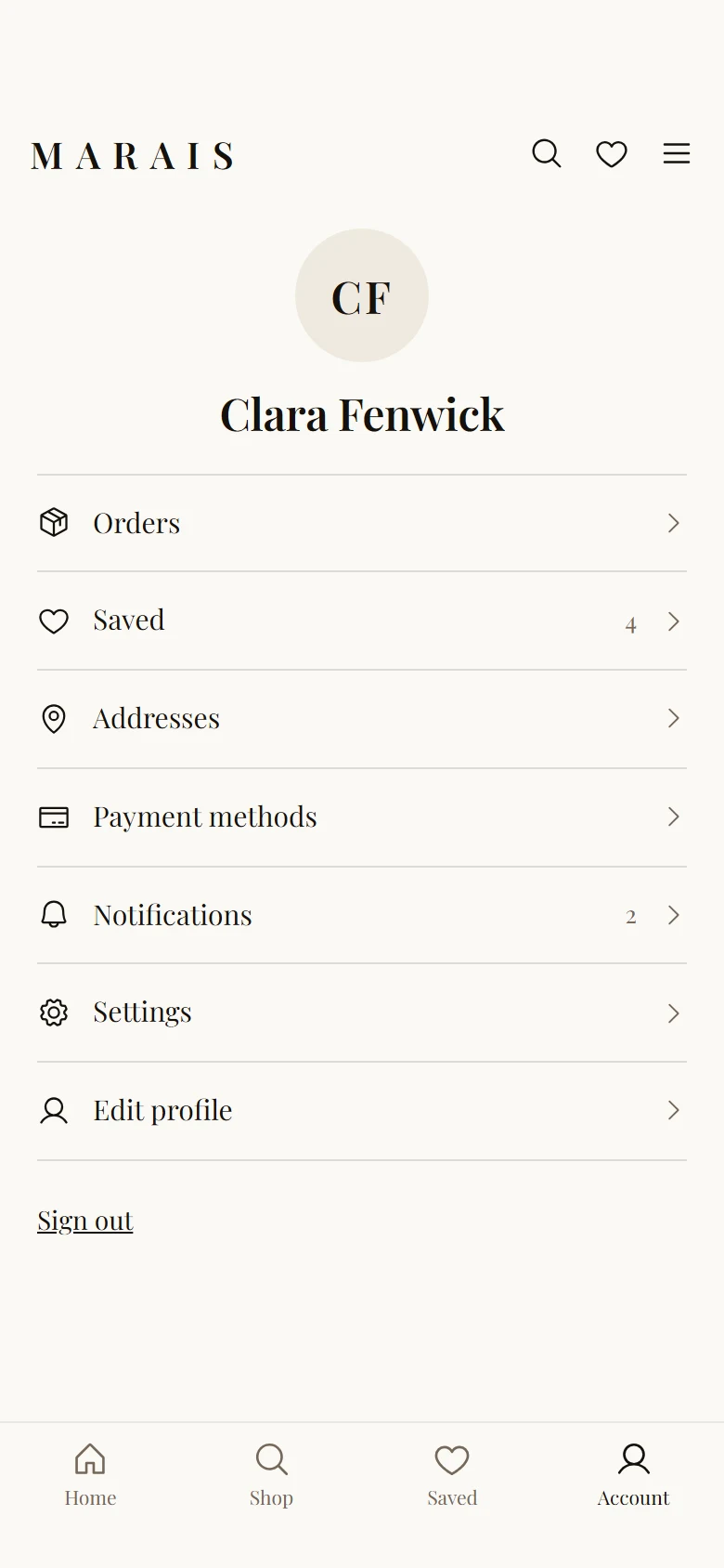 Marais Store Account preview