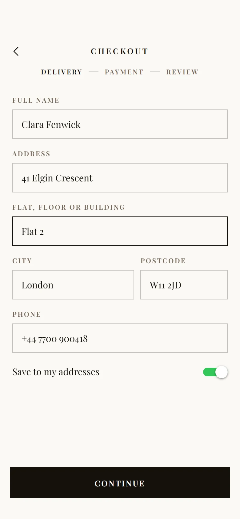 Marais Store Delivery Address preview