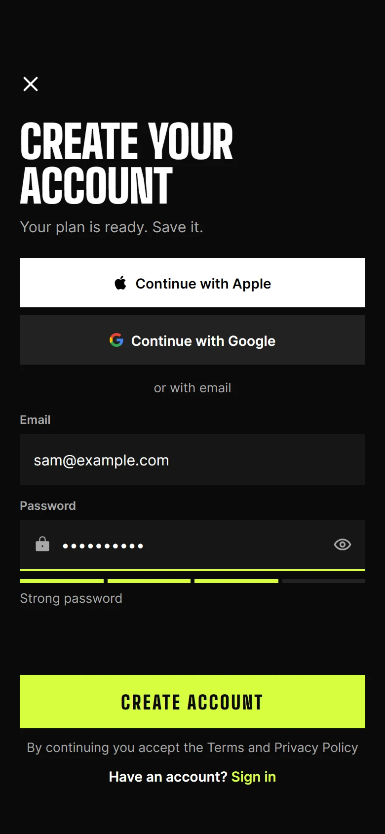 Pacer Create Account preview