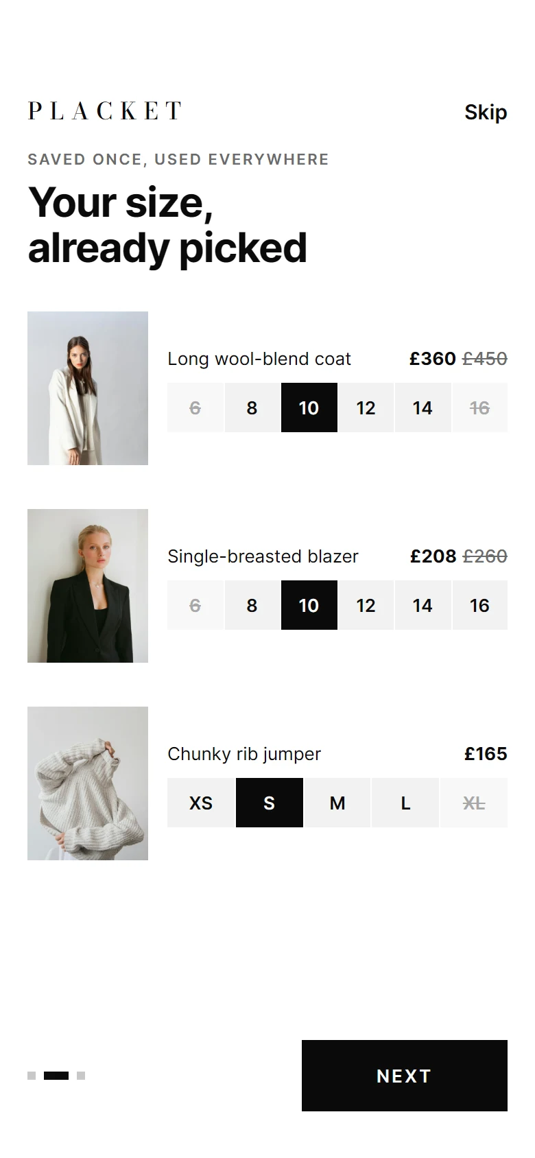 Placket Intro Sizes preview