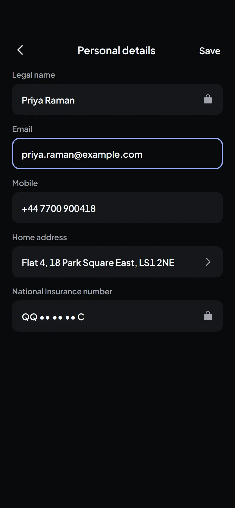 Sable Personal Details preview