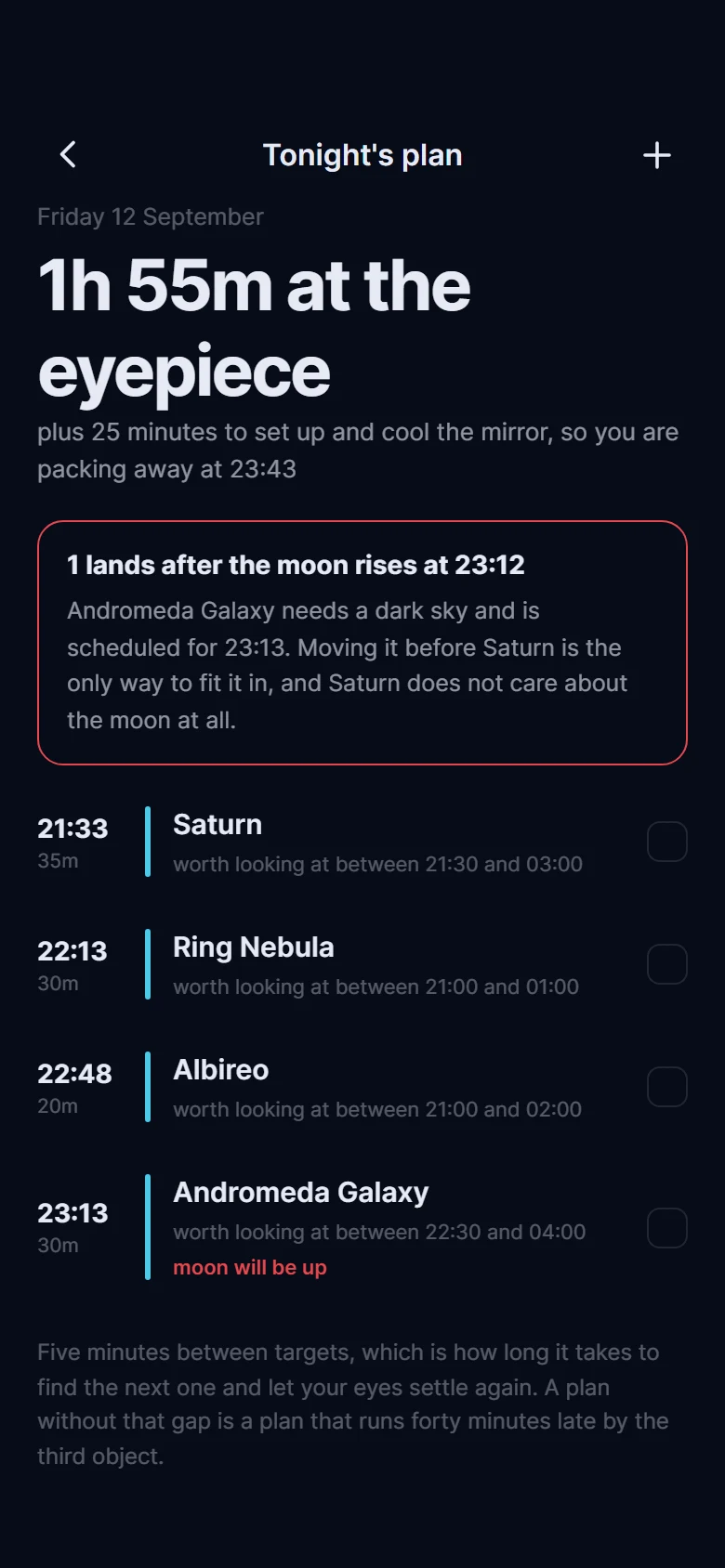 Sextant Observing Plan preview