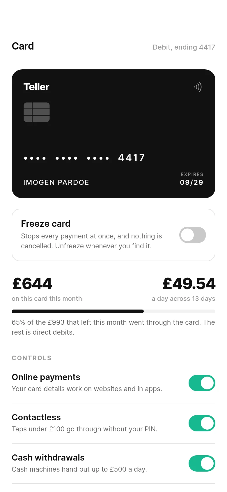 Teller Card Controls preview