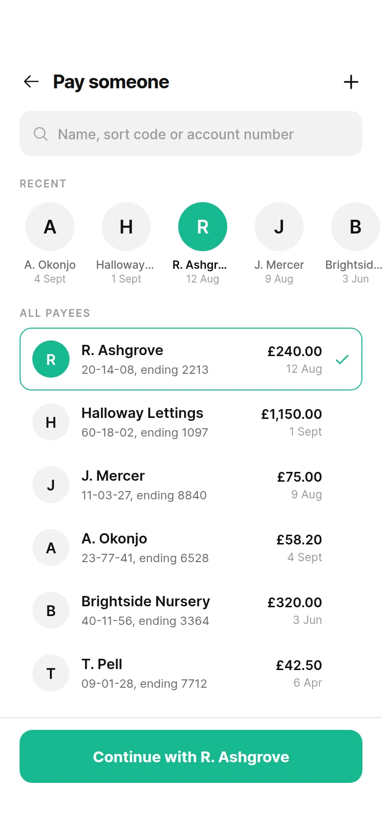 Teller Choose a Payee preview