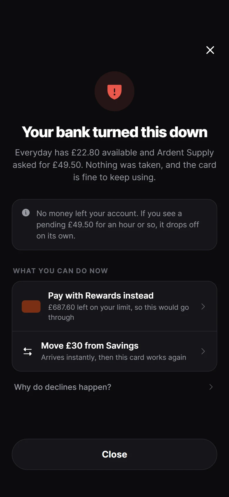 Aperçu de Vault Payment Declined