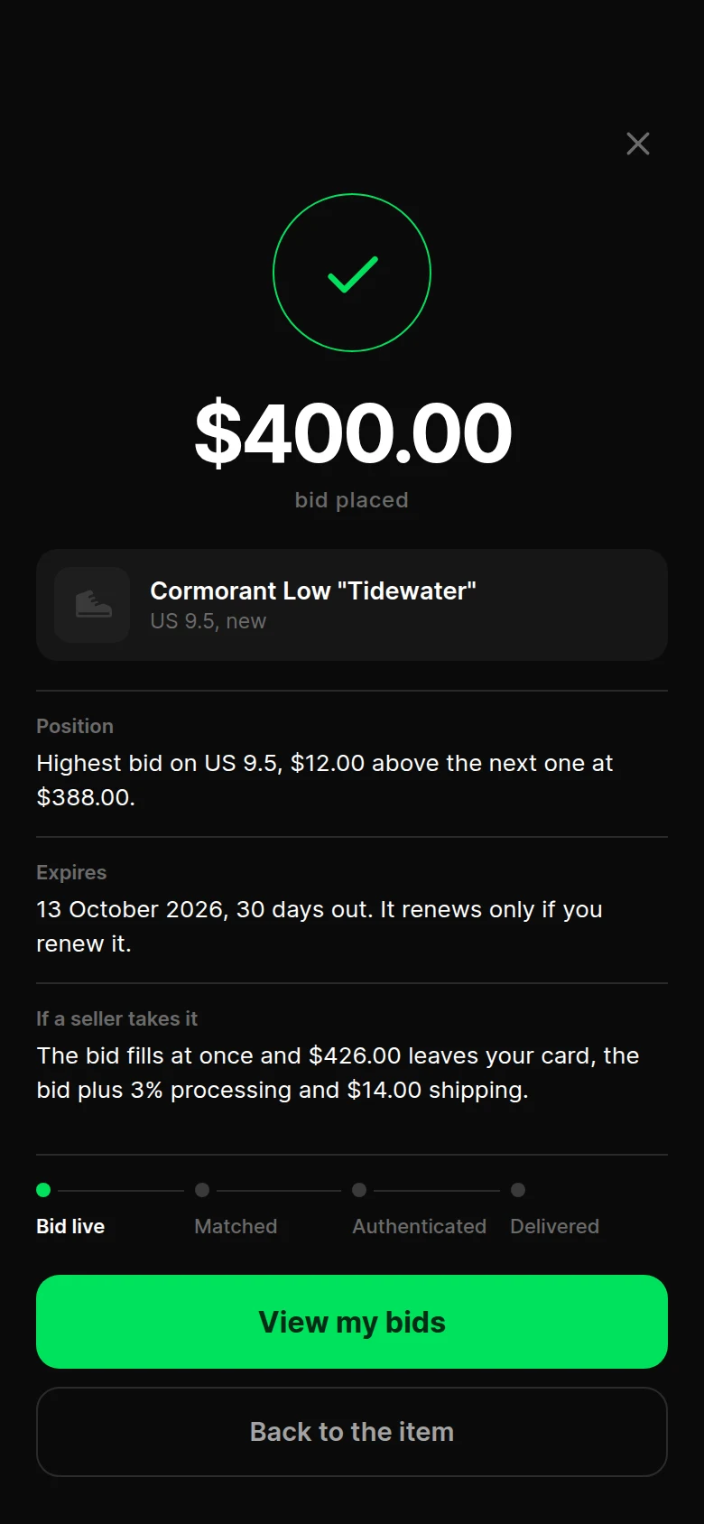 Vitrine Bid Placed preview